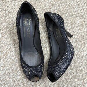 Donald j. Pilner peep toe heels faux snake skin black gold  size 6.5